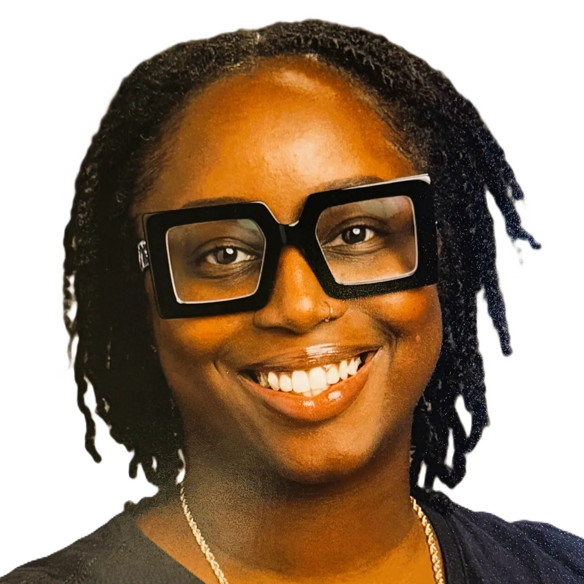 Smiling person with large square glasses.