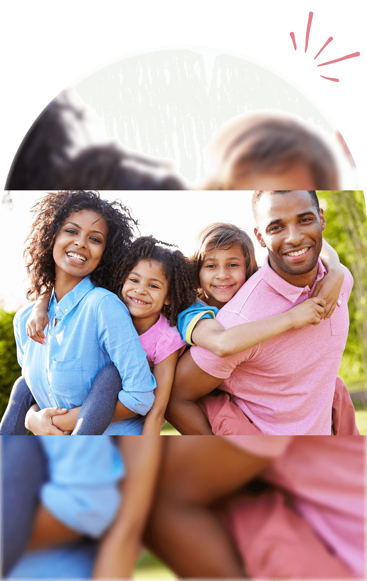 Group 1321317416 A happy family of four posing outdoors with glowing smiles.